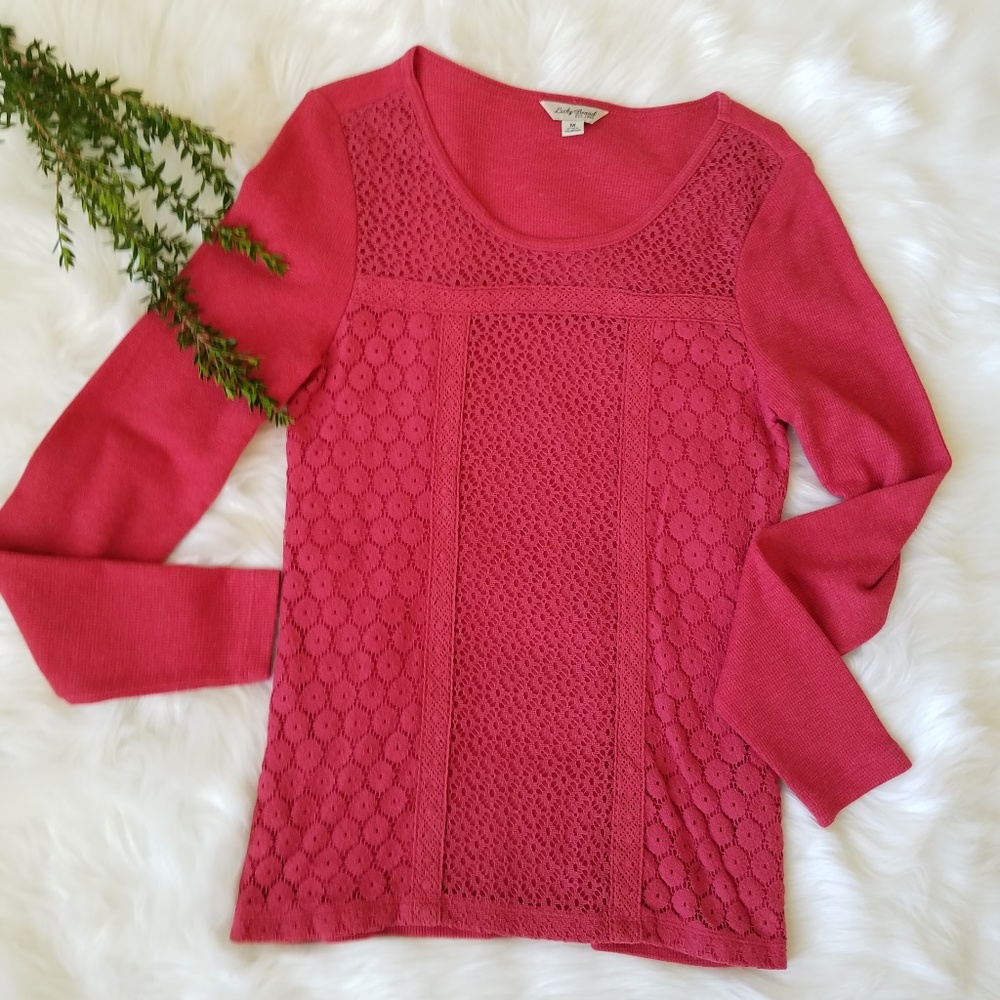5/$30 Lucky Brand Coral Red Crochet Overlay Top - Picture 1 of 8